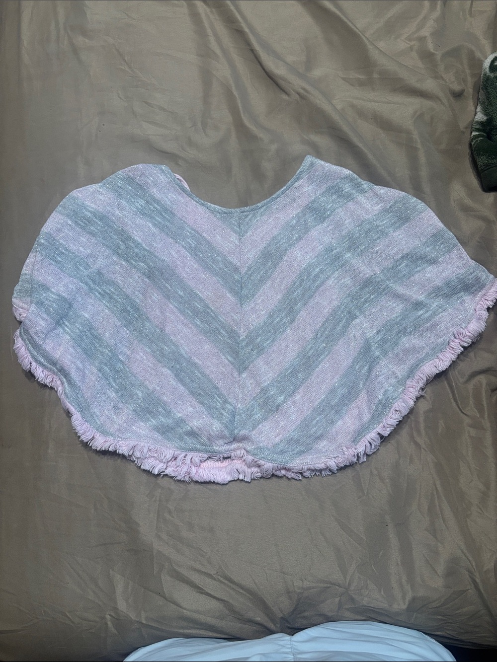 Striped Fringe Hem Poncho in Light Pink and Grey
